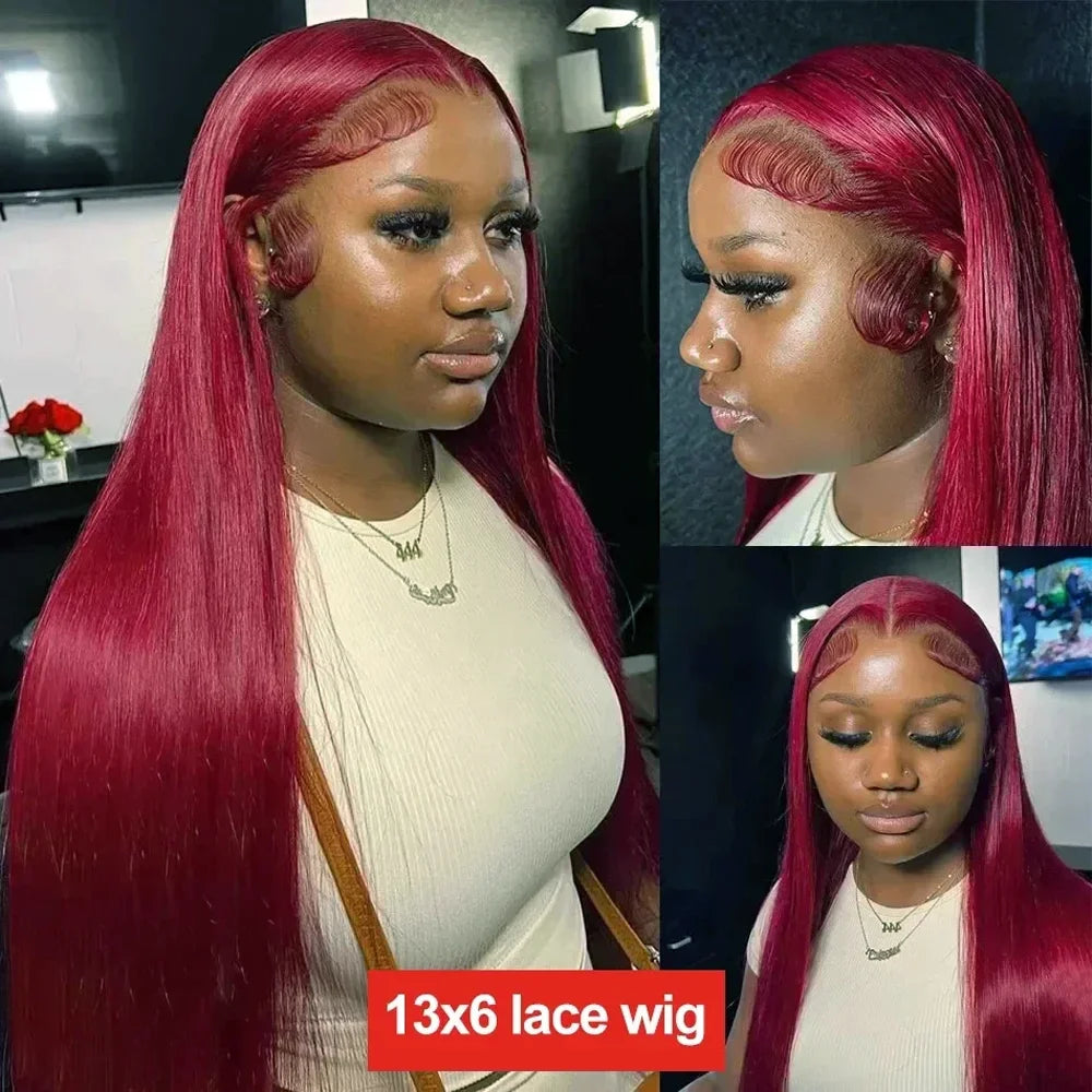 Front and side views of a model wearing a long burgundy wig with a center part and sculpted baby hairs.
