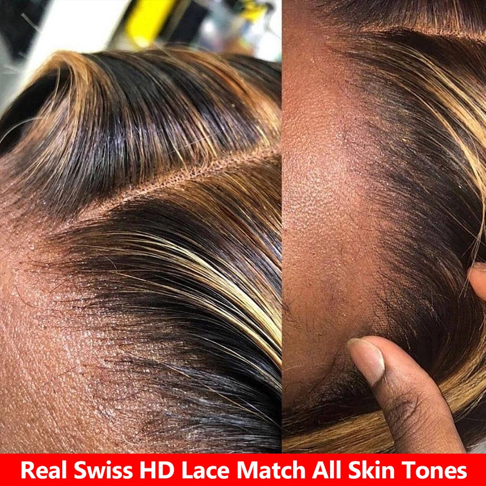 Close-ups of the highlighted wig’s lace-front hairline and side part against skin.