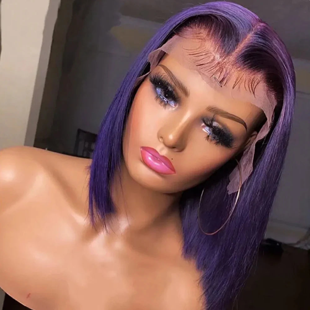 Front view of a dark purple bob wig on a mannequin, showing a center part, straight strands and untrimmed lace.