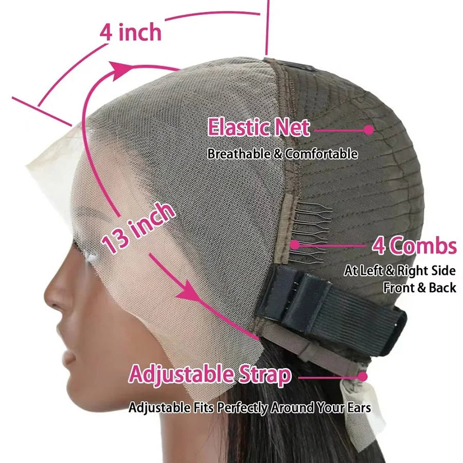 Wig cap diagram showing 13-by-4-inch lace coverage, elastic mesh, four combs and an adjustable strap.