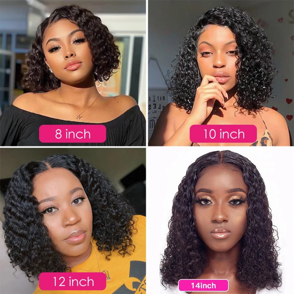 Length comparison showing models wearing black curly bob wigs in 8, 10, 12 and 14-inch lengths.