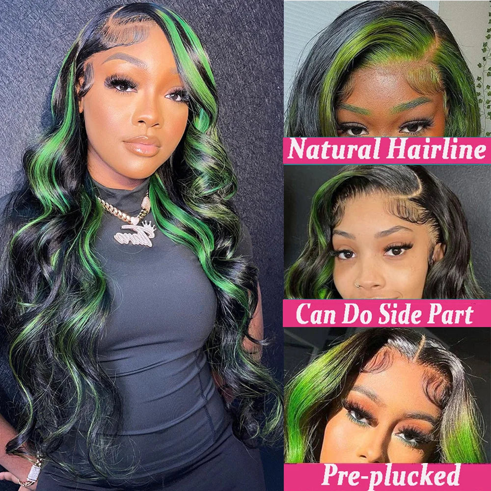 13x6 HD Transparent Body Wave Human Hair Wig Green Highlights