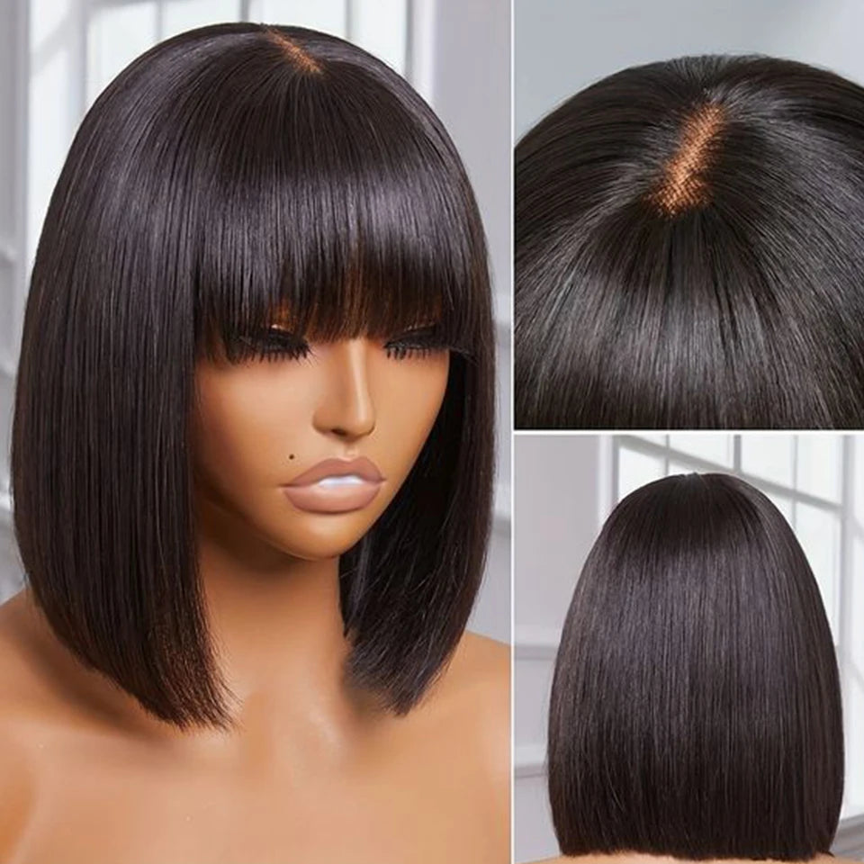 Black bob wig with full bangs on a mannequin, alongside a crown parting close-up and back view of the blunt-cut ends.