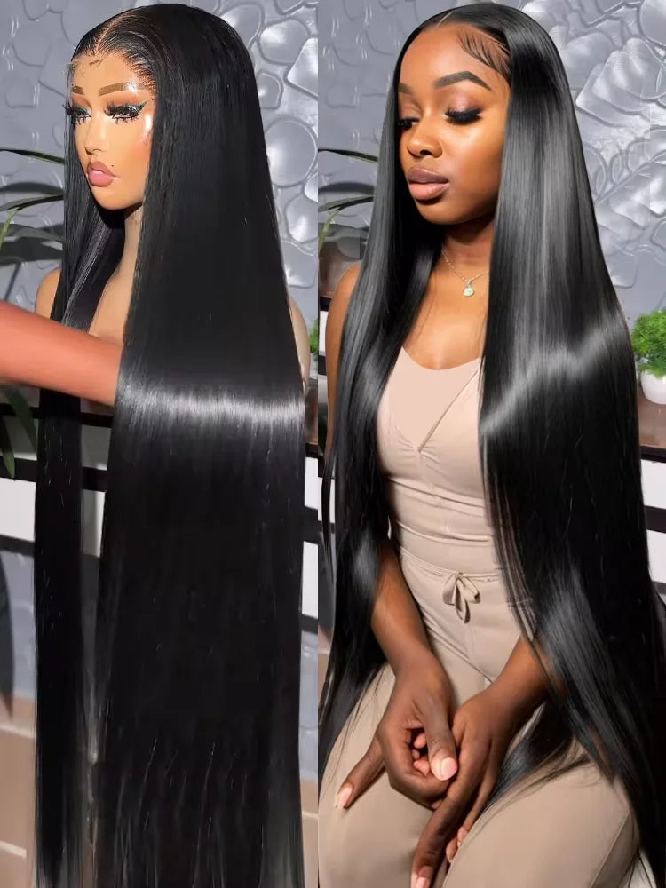 Extra-long black bone straight wig shown on a mannequin and model, with a center part, sleek strands and styled baby hairs.