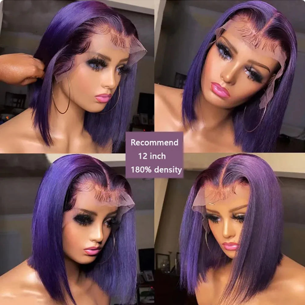 Four-view collage of a dark purple bob wig on a mannequin, labeled as 12 inches with 180% density.