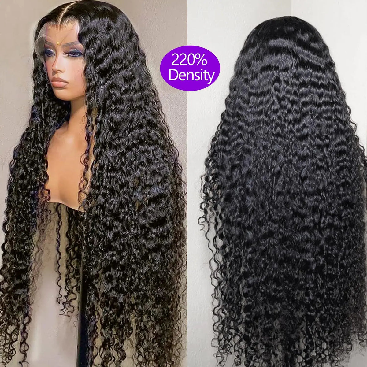 Deep Wave Lace Front Wig with 220% density label on a mannequin and close-up view.