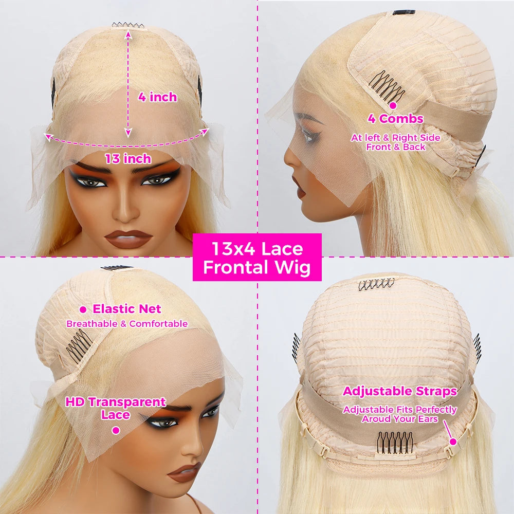 Wig cap diagram showing 13-by-4-inch lace, four combs, elastic mesh and adjustable straps.