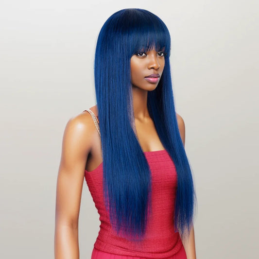 Straight Brazilian Human Hair Wig With Bangs - Royal Blue