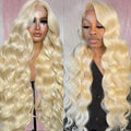 Long 613 blonde body wave wig shown on a mannequin and model, with loose waves and a swept side part.