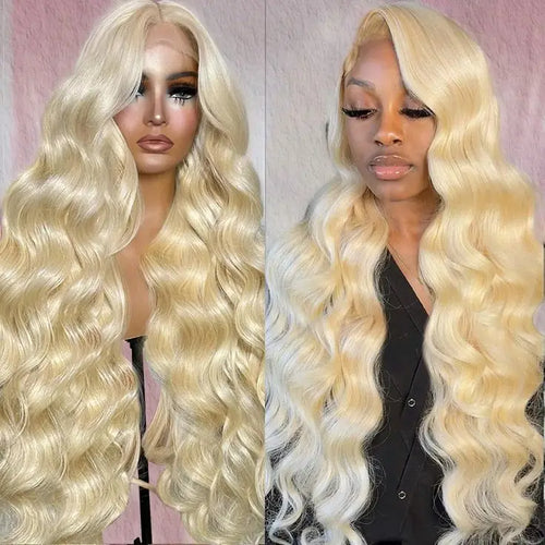 Long 613 blonde body wave wig shown on a mannequin and model, with loose waves and a swept side part.