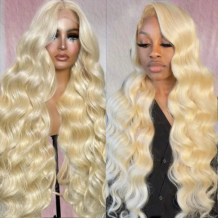 Two models wearing pre-plucked body wave lace front wigs in honey blonde color. One wig is displayed on a mannequin with a visible transparent lace front, and the other is shown on a person with a natural honey blonde hair color.
