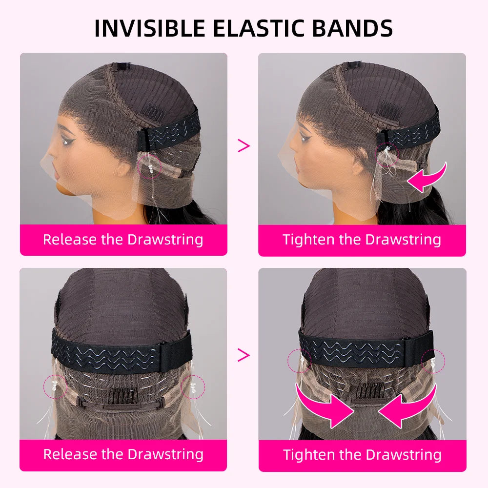 Side and back views of a wig cap demonstrating how releasing and tightening the drawstring adjusts the fit.