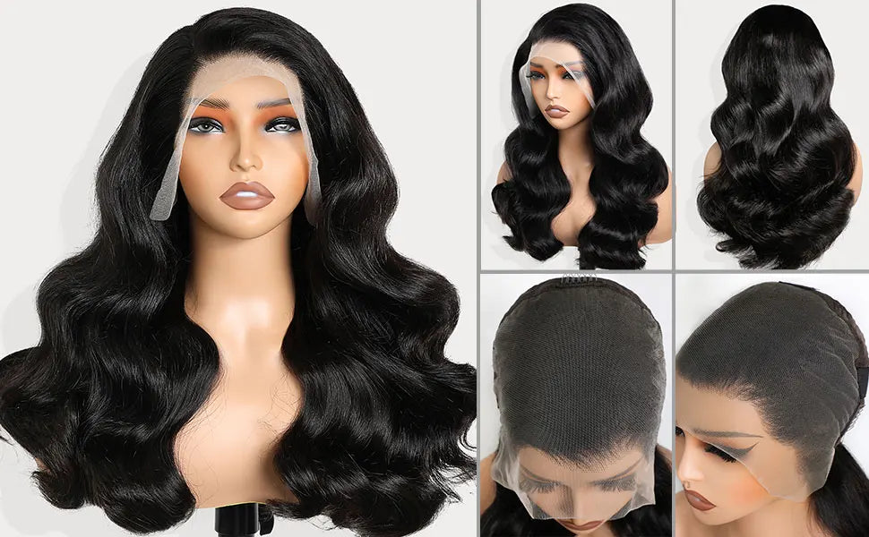 natural black body wave wig displayed on a mannequin with close-up views of the hair.