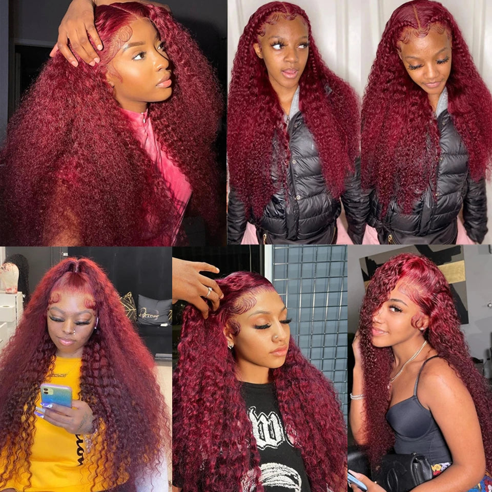 Six-photo collage of burgundy water wave wig styles, including loose curls, center and side parts, and a half-up ponytail.