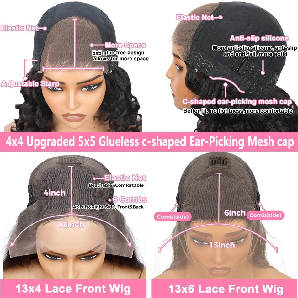 Cap comparison showing 5-by-5-inch glueless, 13-by-4-inch and 13-by-6-inch lace designs, with straps, mesh and comb details.