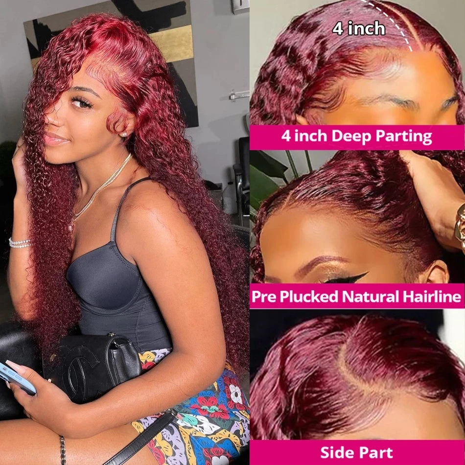 Model wearing a burgundy water wave wig, with close-ups of the four-inch parting, lace-front hairline and side part.