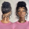 Front and back views of a black curly wig in a high bun on a mannequin, with loose curls framing the face and nape.