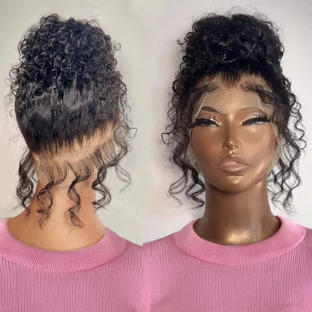 Front and back views of a black curly wig in a high bun on a mannequin, with loose curls framing the face and nape.