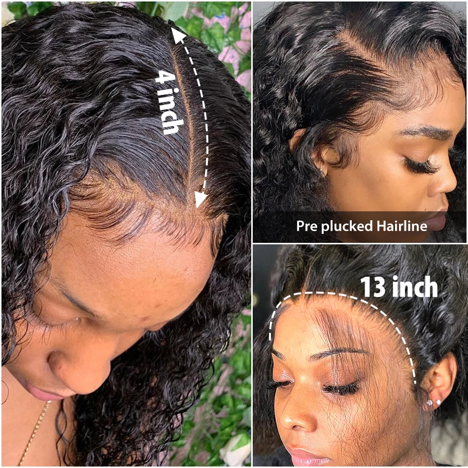 Hairline close-ups showing a four-inch part, styled baby hairs and 13-inch lace-front coverage.