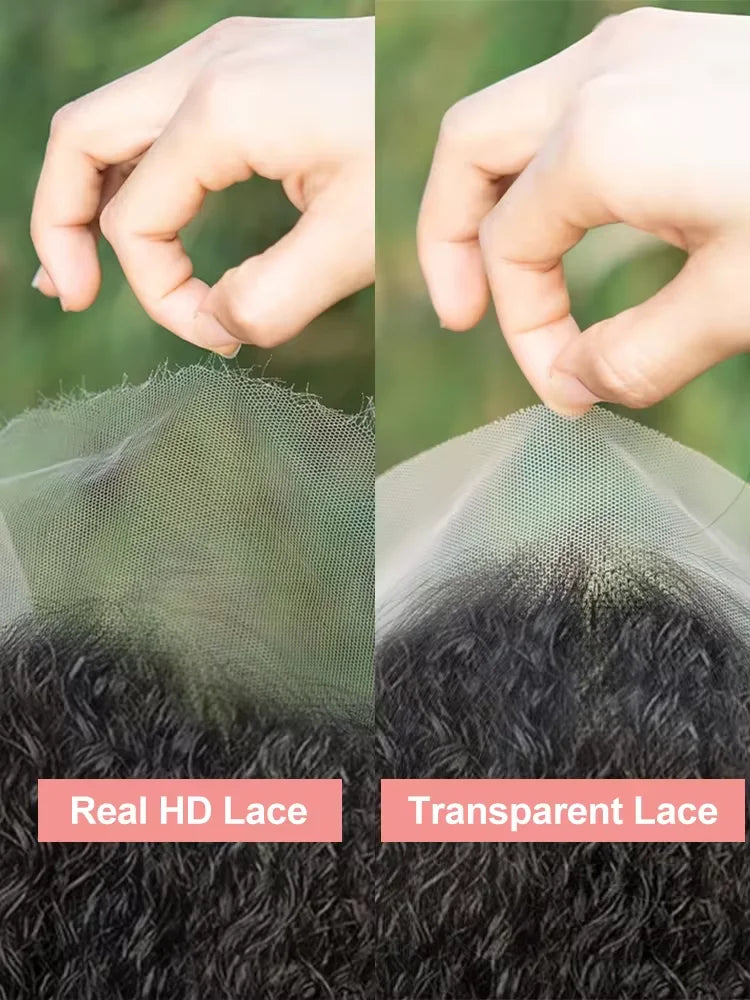 Side-by-side close-up comparison of HD lace and transparent lace held between fingers.