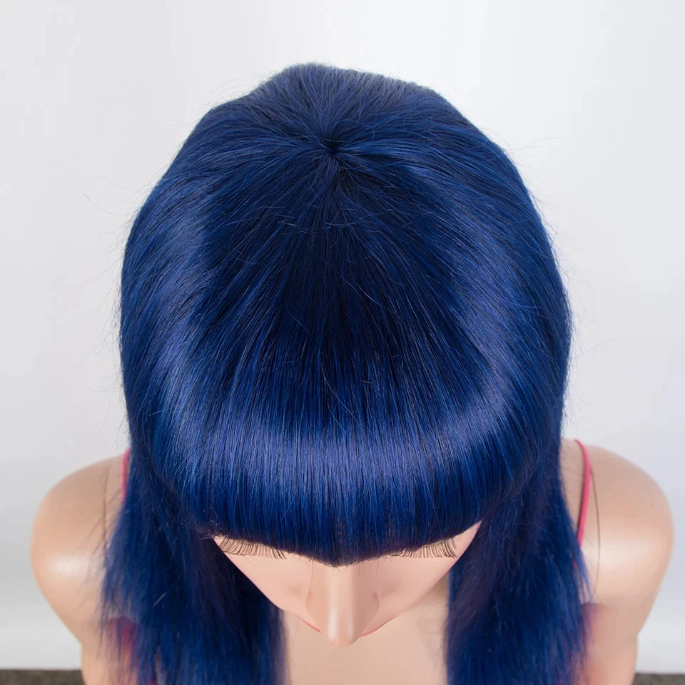 Straight Brazilian Human Hair Wig With Bangs - Royal Blue