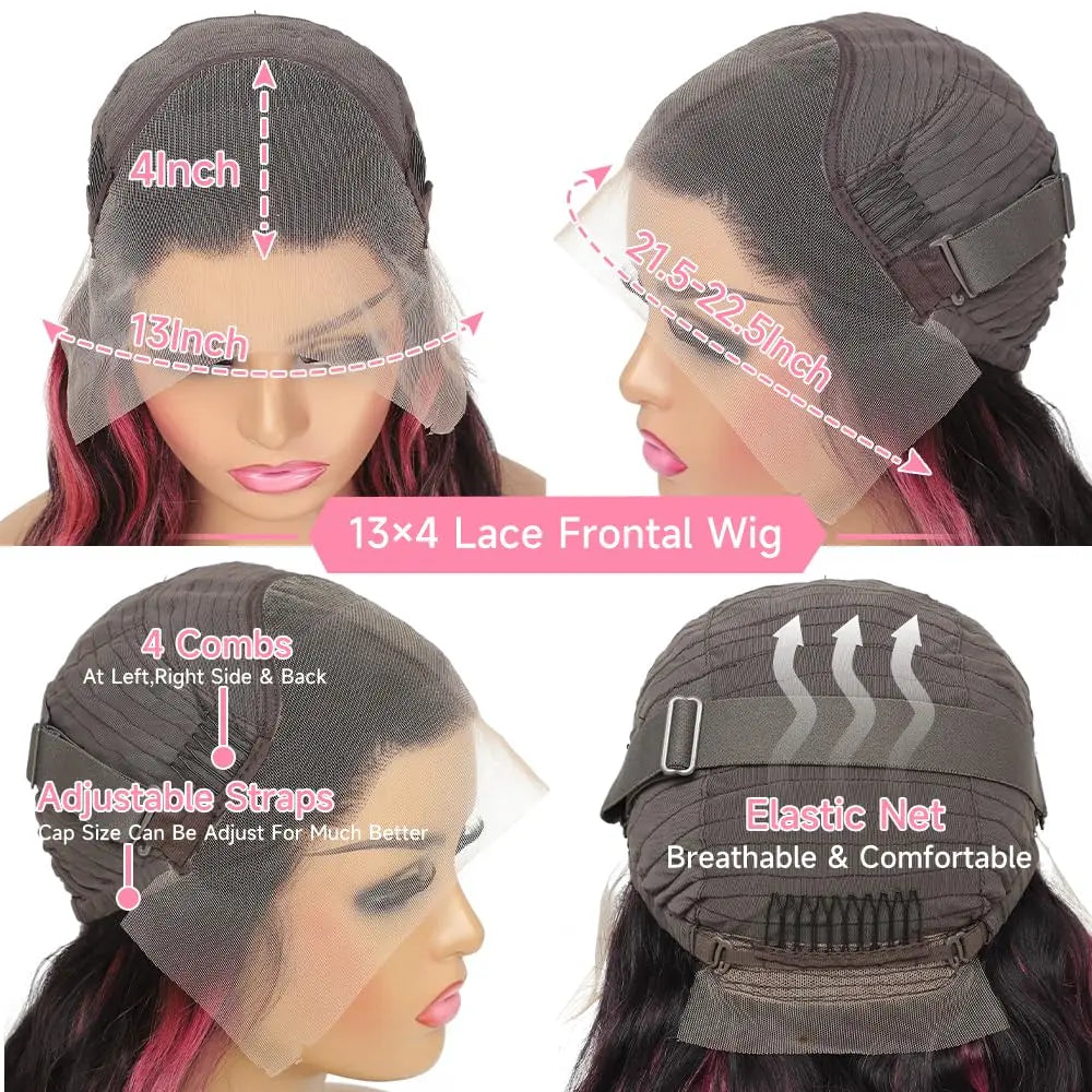 Wig cap diagram showing 13-by-4-inch lace coverage, four combs, adjustable straps and elastic mesh.