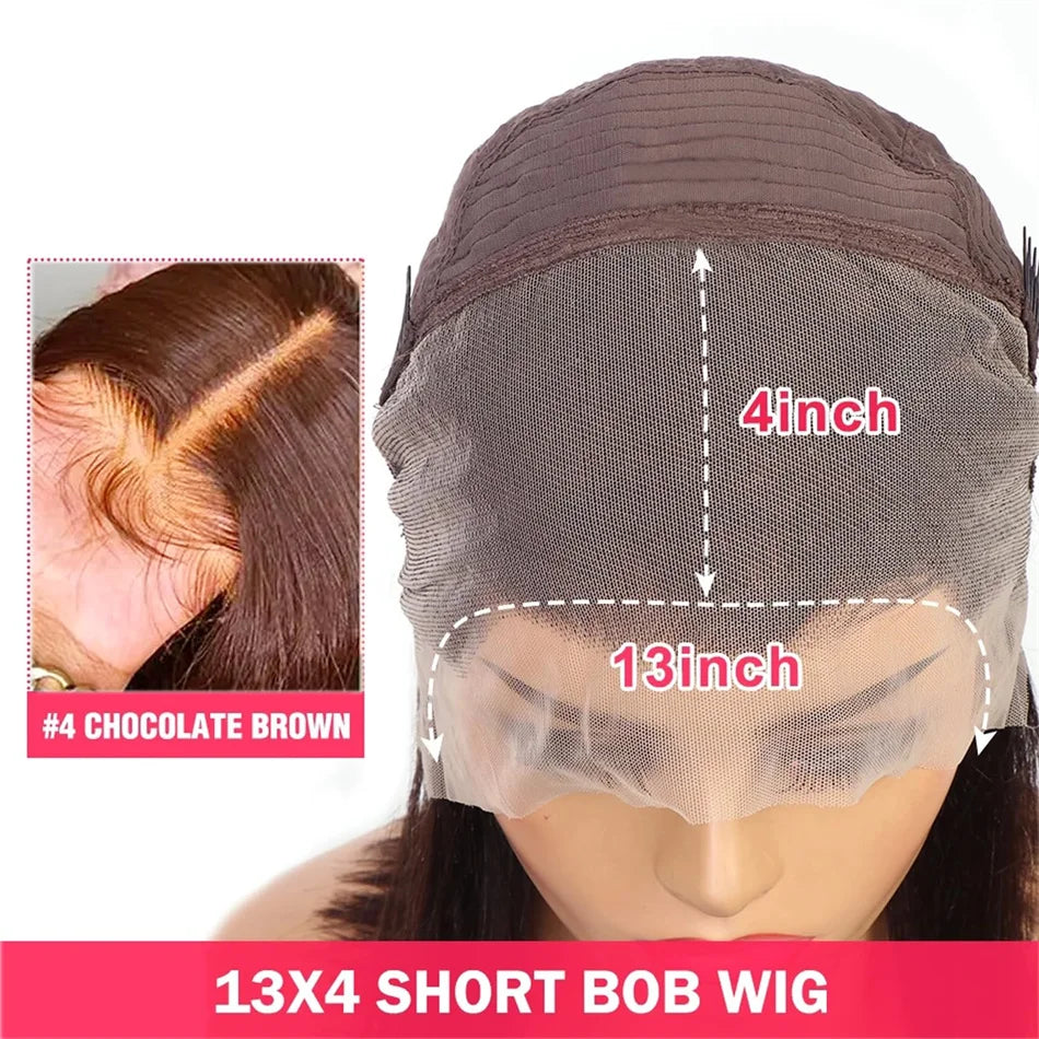 Wig cap diagram showing a 13-by-4-inch lace front, with an inset close-up of the chocolate brown parting and hairline.