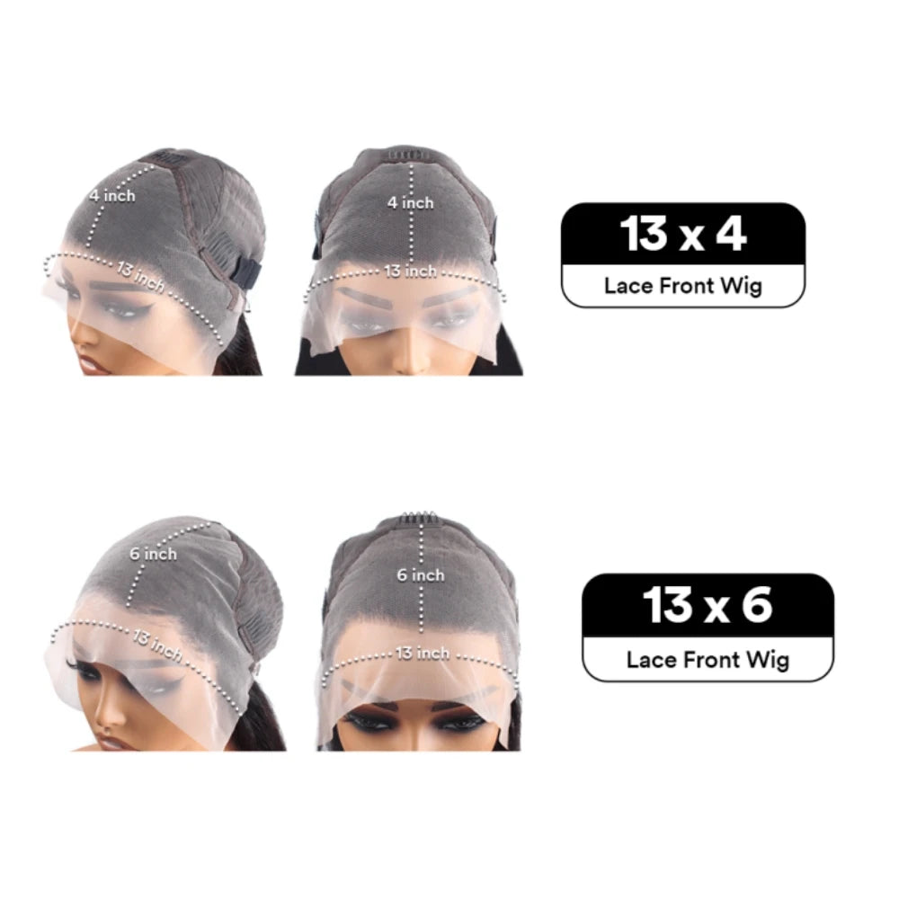 Front and angled cap diagrams comparing 13-by-4-inch and 13-by-6-inch lace-front coverage.